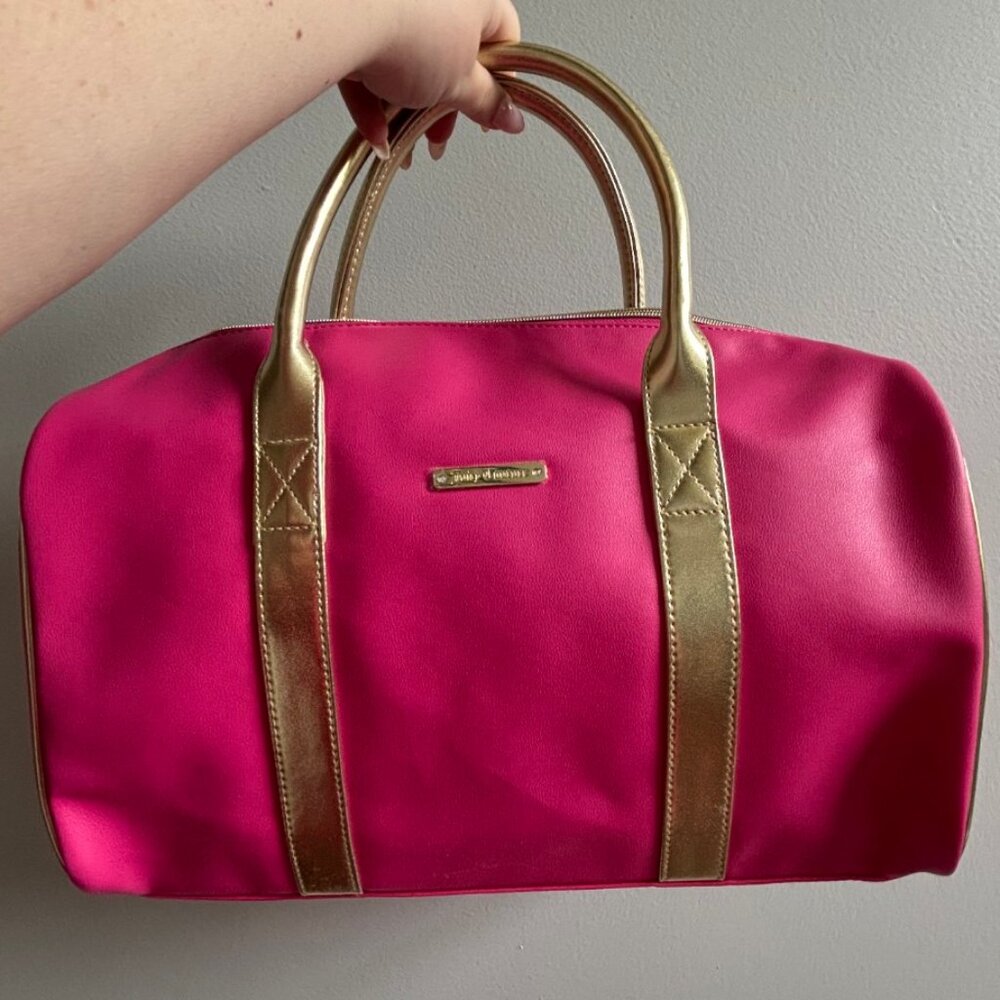 NEW Juicy Couture Hot Pink Gold Trimmed Mini Duffle Purse Velvet Sides 12 X 16"